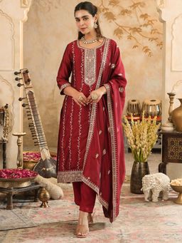 Indo Era - Maroon Embroidered Straight Kurta Pant with Dupatta