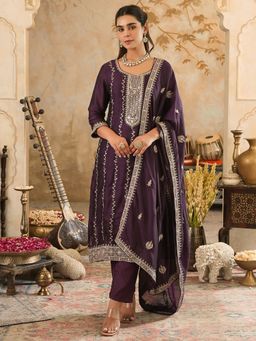 Indo Era - Purple Embroidered Straight Kurta Pant with Dupatta
