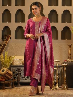 Indo Era - Mauve Embroidered Straight Kurta Pant with Dupatta