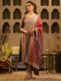 Indo Era - Mauve Embroidered Straight Kurta Pant with Dupatta