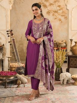 Indo Era - Purple Embroidered Straight Kurta Pant with Dupatta