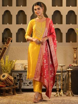 Indo Era - Yellow Embroidered Straight Kurta Pant with Dupatta