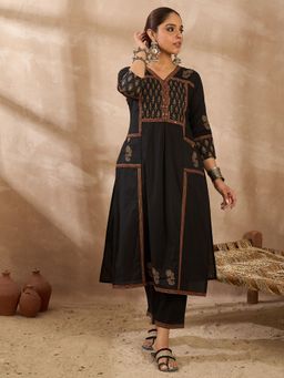 Indo Era - Black Embroidered A-Line Kurta and Pant