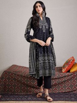 Indo Era - Black Printed Straight Kurta Pant with Dupatta