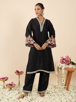 Indo Era - Black Embroidered Straight Kurta and Palazzo