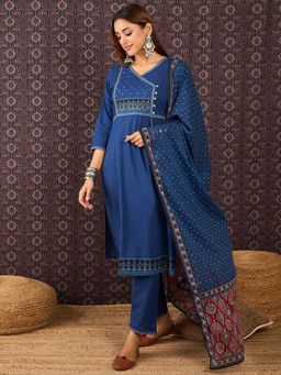 Indo Era - Blue Printed Straight Kurta Pant with Dupatta