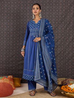 Indo Era - Blue Printed A-Line Kurta Pant with Dupatta