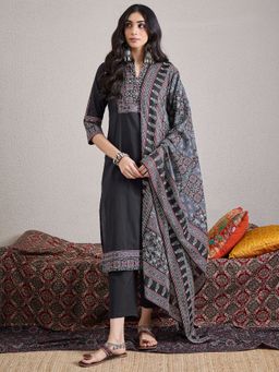 Indo Era - Black Printed Straight Kurta Pant with Dupatta