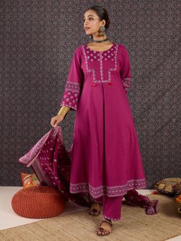 Indo Era - Burgundy Printed A-Line Kurta Pant with Dupatta