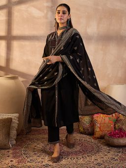 Indo Era - Black Embroidered Straight Kurta Pant with Dupatta