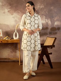 Indo Era - Cream Printed A-Line Kurta and Pant