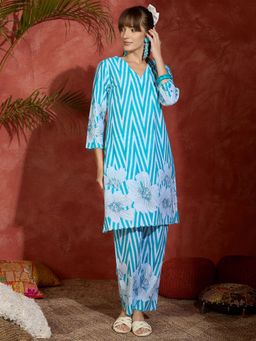 Indo Era - Blue Printed Straight Kurta and Pant