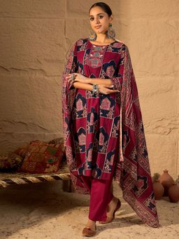 Indo Era - Pink Printed Straight Kurta Pant with Dupatta