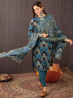 Indo Era - Blue Printed Straight Kurta Pant with Dupatta