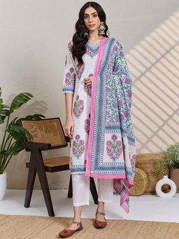 Indo Era - White Printed Straight Kurta Pant with Dupatta