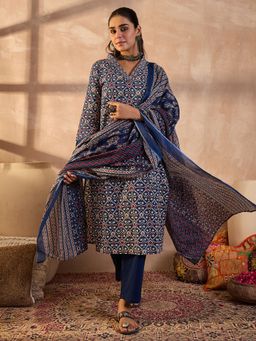 Indo Era - Navy Blue Printed Straight Kurta Pant with Dupatta