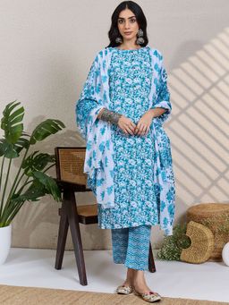 Indo Era - Blue Printed Straight Kurta Pant with Dupatta