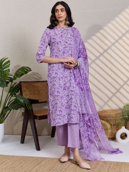 Indo Era - Purple Printed Straight Kurta Pant with Dupatta