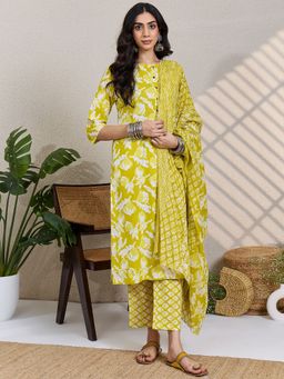 Indo Era - Green Printed Straight Kurta Pant with Dupatta