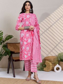 Indo Era - Pink Printed Straight Kurta Pant with Dupatta