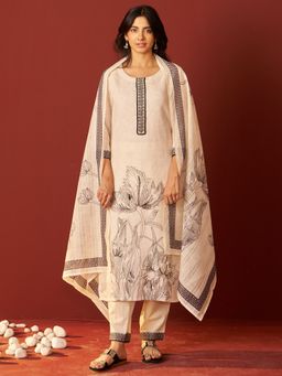 Indo Era - Cream Printed Straight Kurta Pant with Dupatta