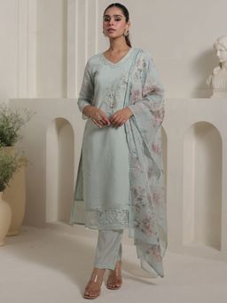 Indo Era - Sea Green Embroidered Straight Kurta Pant with Dupatta