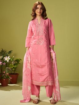 Indo Era - Pink Embroidered Straight Kurta Pant with Dupatta