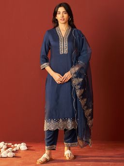 Indo Era - Navy Blue Embroidered Straight Kurta Pant with Dupatta