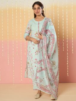 Indo Era - Sea Green Printed Straight Kurta Pant with Dupatta