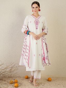 Indo Era - White Embroidered Straight Kurta Pant with Dupatta