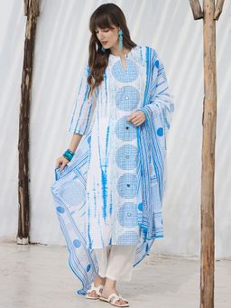 Indo Era - White Printed Straight Kurta Pant with Dupatta