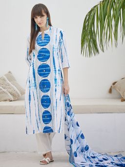 Indo Era - White Printed Straight Kurta Pant with Dupatta