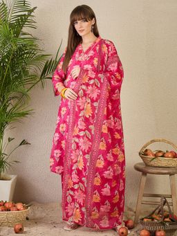 Indo Era - Pink Printed A-Line Kurta Pant with Dupatta