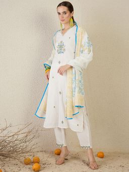 Indo Era - White Embroidered Straight Kurta Pant with Dupatta