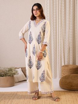Indo Era - Cream Printed Straight Kurta and Palazzo