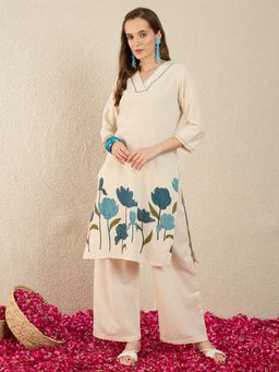Indo Era - Cream Printed Straight Kurta and Palazzo