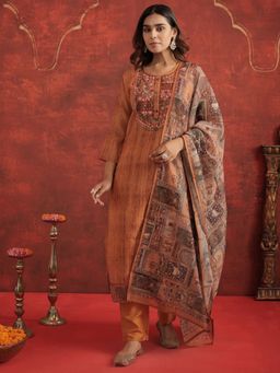 Indo Era - Rust Embroidered Straight Kurta Pant with Dupatta