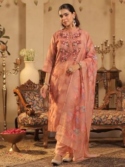 Indo Era - Peach Embroidered Straight Kurta Pant with Dupatta
