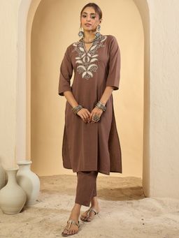 Indo Era - Brown Embroidered Straight Kurta and Pant