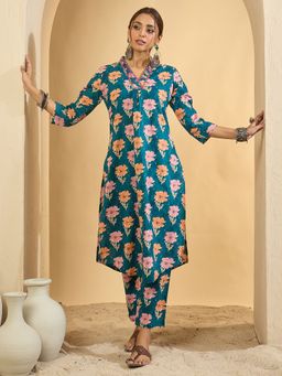 Indo Era - Blue Printed Straight Kurta and Pant
