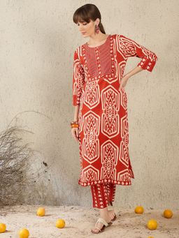 Indo Era - Rust Printed Straight Kurta and Pant