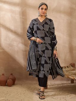 Indo Era - Black Printed Straight Kurta Pant with Dupatta