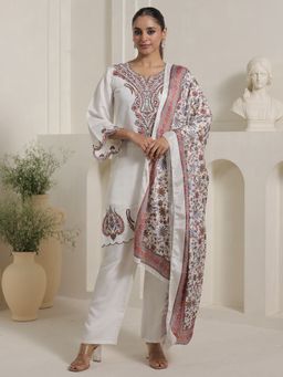 Indo Era - Off White Embroidered Straight Kurta Palazzo with Dupatta