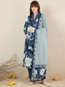 Indo Era - Blue Printed A-Line Kurta Pant with Dupatta