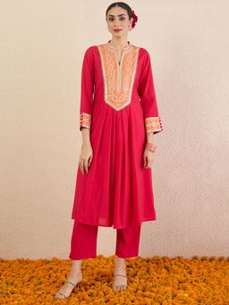 Indo Era - Pink Embroidered A-Line Kurta and Pant