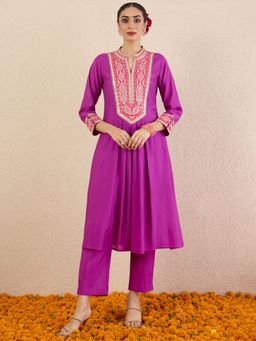 Indo Era - Purple Embroidered A-Line Kurta and Pant