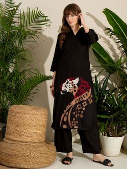 Indo Era - Black Embroidered Straight Kurta and Palazzo