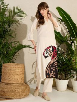 Indo Era - Off White Printed Straight Kurta and Palazzo