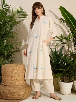 Indo Era - Off White Embroidered A-Line Kurta and Pant