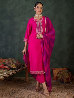 Indo Era - Pink Straight Kurta Pant with Dupatta
